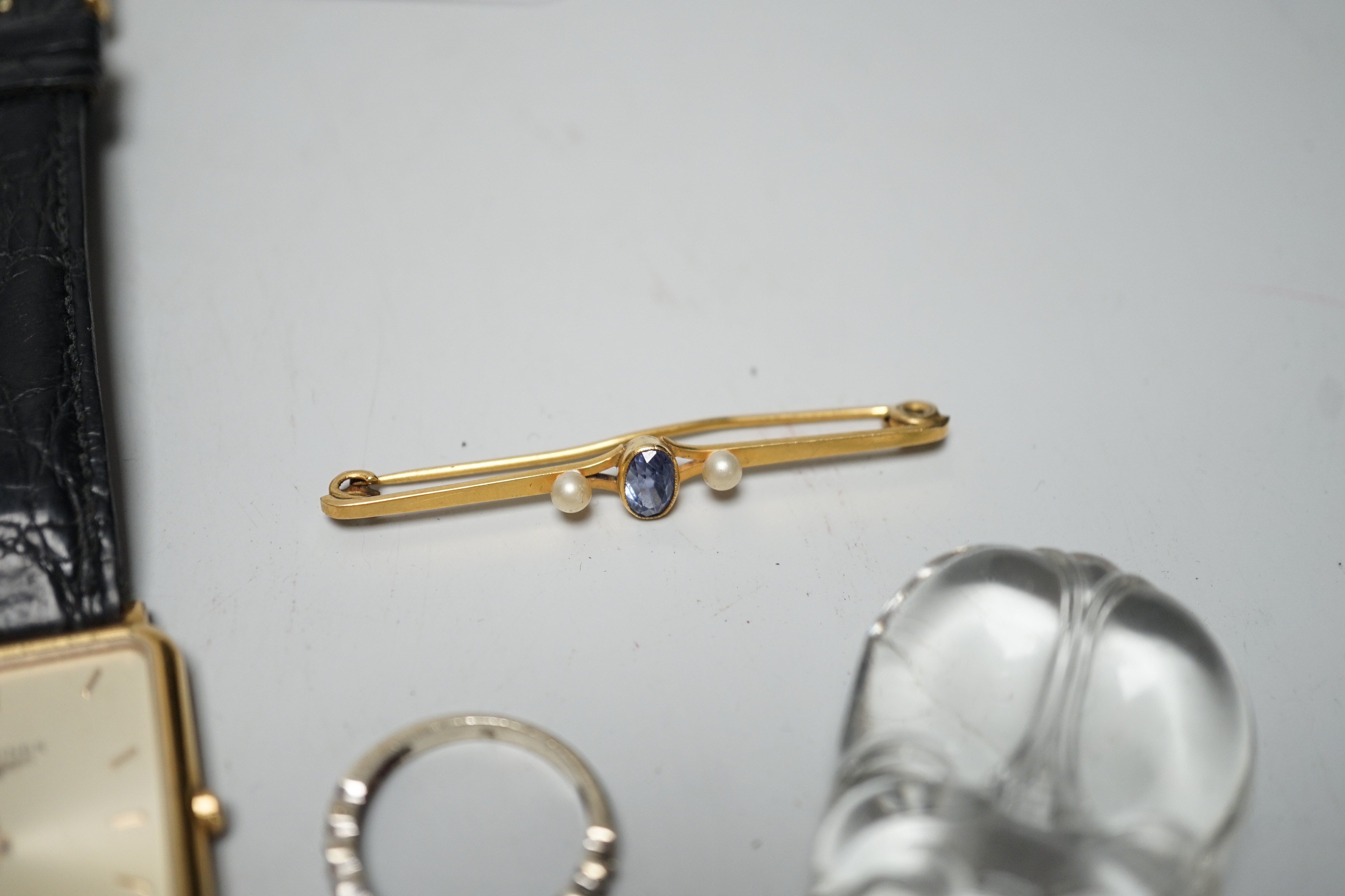 A gentleman's steel and gold plated Longines Le Grand Classique quartz wrist watch, a 9ct and gem set bar brooch and two other items.